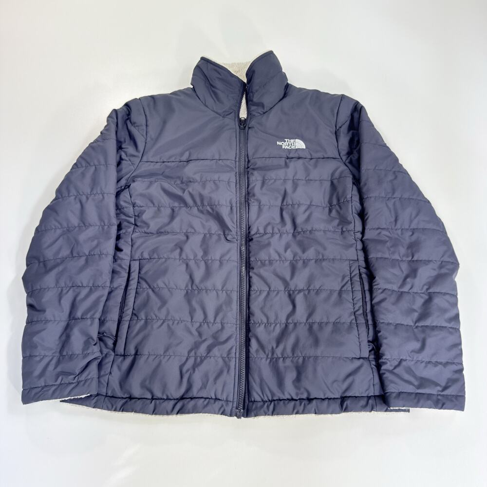 The North Face Mossbud Puffer Jacket Womens L Navy Blue Reversible Fleece Coat